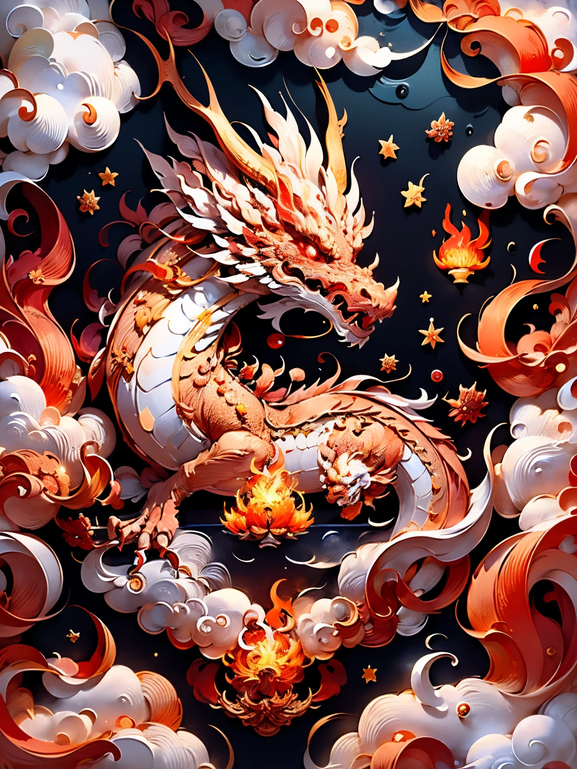 (((On a table))),Best quality at best, Lighting, Referee fire, the ocean, fire dragon、The legendary dragon of China, Chinese palaces, ​​clouds, As estrelas \(symbol\), _Ancestor, (white backgrounid:1.1) red combination