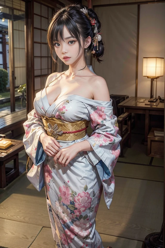 (masutepiece:1.Photoreal Stick:1.4, 8K), top-quality, masterpiece, 超A high resolution, Professional camera work, Grow Light Effect, Realistic portrait, Cinematic Light, Highly detailed skin and facial texture:1.Perfect dynamic composition, The ultra-detailliert, A detailed eye, Detailed limbs, (Japanese-style room in the Japan, formal hanging scroll, tradition:1.5), 1girl in, 25-years old, cute sexy japanese slim woman, Fair skin, (Enraptured look:0.9, Totally captivates you:1.0), (Silver kimono:1.32 off shoulder), (voluptuous breasts:0.9), (Backshots, Calm pose), (Beautiful blue eyes, Eyes that feel beautiful eros:0.85), Sexy face:0.4, (A mouthfeel that feels beautiful eros:0.85), ((Too cute beauty:0.9))