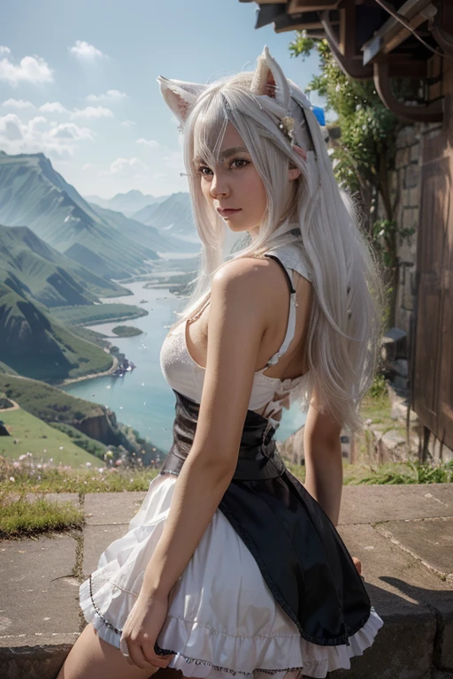 (Hyper-realistic), (illustratio), (A high resolution), (8K), (The very detailed), (whaite hair), (Most Best Illustration), (美丽细致的眼睛), (Best quality at best), (ultra - detailed), (tmasterpiece), (the wallpaper), (详细的脸), Alone, 1 white-haired girl, Animal ears, rioorgar,Yamakai, most epic landscape, epic landscapes, Fantasy landscape painting