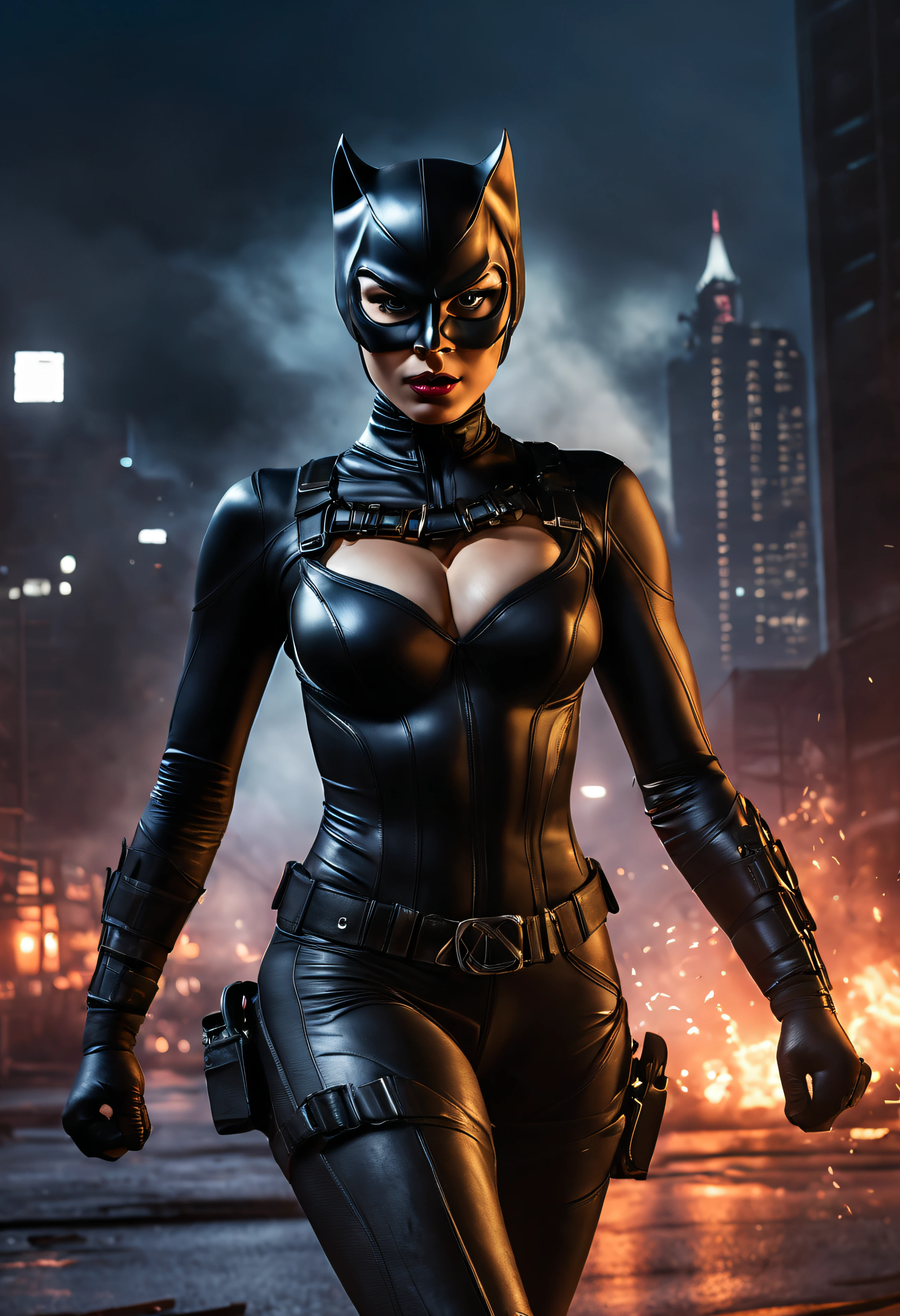 (meilleur qualité,4K,8k,Haute résolution,Chef-dœudansre:1.2),ultra-détaillée,(Réaliste,photoréaliste,photo-réaliste:1.37),Catwoman,était,Armes,explosions en arrière-plan,Disque dur,illustration,Tons sombres,lumières vives,couleurs éclatantes,Plein d’action,Combat de rue,pose dynamique,Costume en cuir,ambiance mystérieuse,masque emblématique,Beaux yeux détaillés,expression confiante,Regards intenses,Physique fort,Mouvement dynamique,Paysage urbain,Textures granuleuses,Réglage de nuit,Majestueux clair de lune,Positionnement stratégique,Effets de la fumée,Horizon de la ville,Néons,Rythme rapide,Esthétique de la bande dessinée,contraste élevé,présence menaçante,Étincelles électriques,explosions d’énergie,feu et fumée,Chaos urbain,Atmosphère passionnante.