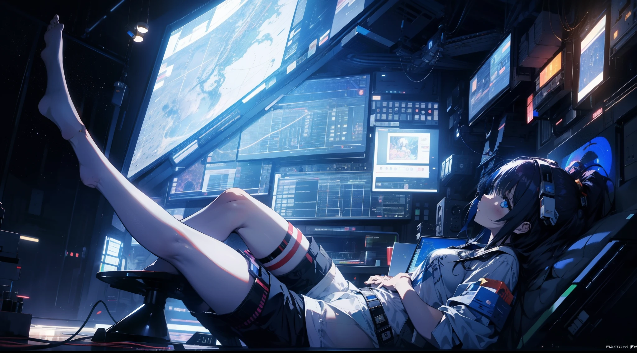 anime girl in shorts and t-shirt, in a spaceship with her barefeet up on the desk, in a spaceship cockpit, in a futuristic spaceship, girl in space, in a space station, sitting sad in spaceship, on a space station, high tech space ship interior, sitting at a control center, inside a spaceship