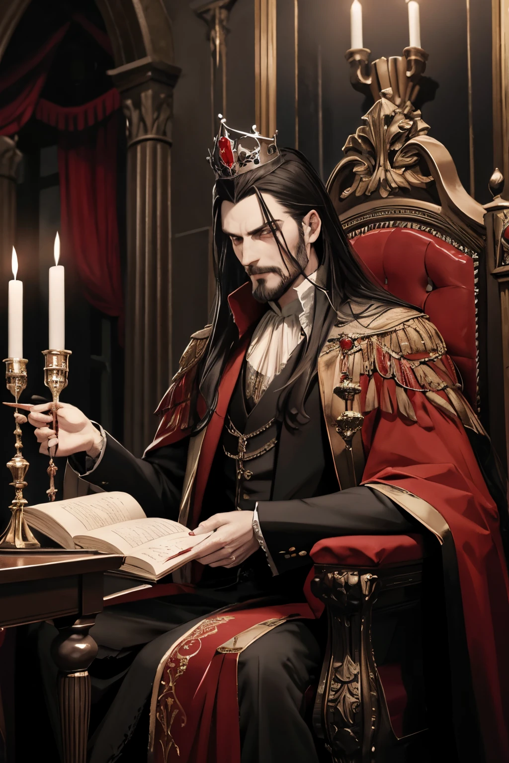 "An oil painting depicting Prince Vlad the Impaler sitting menacingly on a large gothic stone throne in a dark castle throne room. He has pale skin,  wearing black regal attire with red accents, and has a crown on his head. The room  dimly lit with torches on the stone walls. Vlad has an evil smile showing fangs, and has a goblet of red liquid in his hand implying blood. The style  realistic and highly detailed digital art."