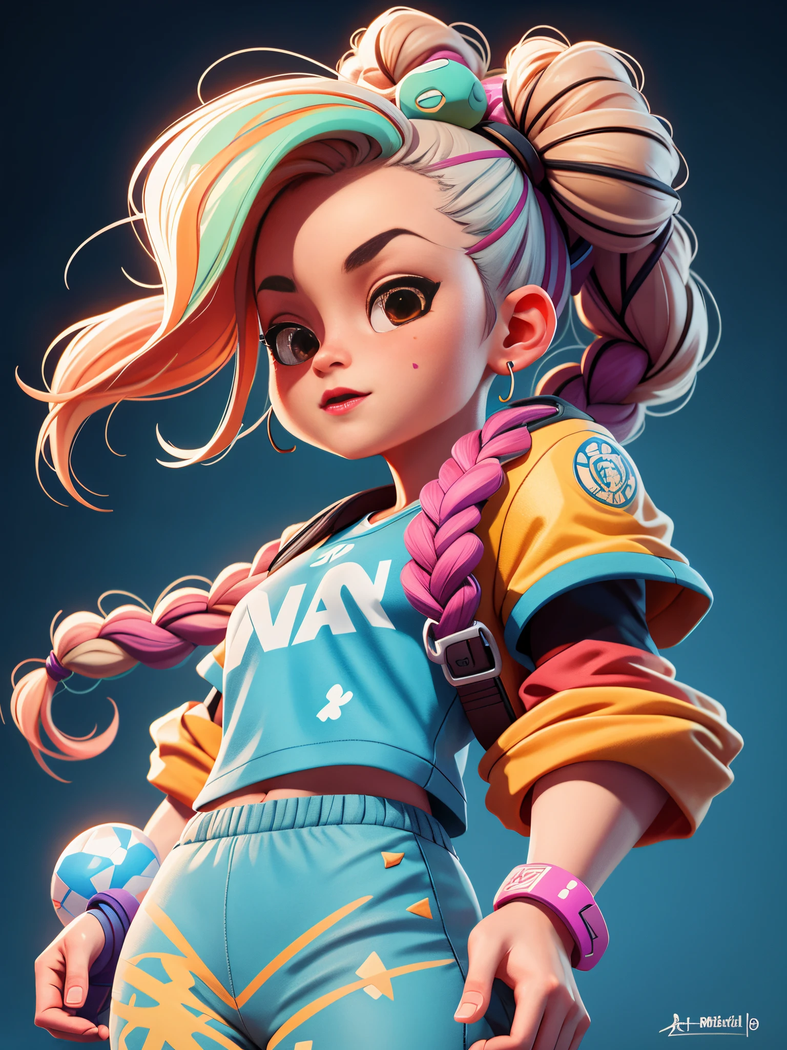 “(Best quality,4K,8K,A high resolution,tmasterpiece:1.2), cute girls, A detailed eye, Braided hair, Loose hair, sporty attire, modern accessories, ultra - detailed, actual, realistically:1.37, (HighDynamicRange,hyper HD,Studio lighting,Ultra-fine painting, Focus sharp, physically-based renderingt, Extremely detailed description, professional, Complicated details, a hologram, The background clean and tidy )”