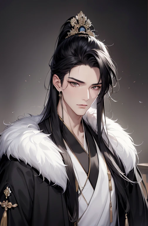 tmasterpiece, Huang Li, 1人, Alone, , Handsome, cabelos preto e longos, Black Hanfu，black mink collar，Green-eyed, dynamic angle, 动态照明, well-built, white skinned, refined, Handsome_male people,sacred message, ellegance, purity, Sympathy, looking at viewert,        a perfect face, Perfect hands,