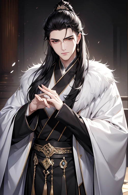 tmasterpiece, Huang Li, 1人, Alone, , Handsome, cabelos preto e longos, Black Hanfu，black mink collar，Green-eyed, dynamic angle, 动态照明, well-built, white skinned, refined, Handsome_male people,sacred message, ellegance, purity, Sympathy, looking at viewert,        a perfect face, Perfect hands,