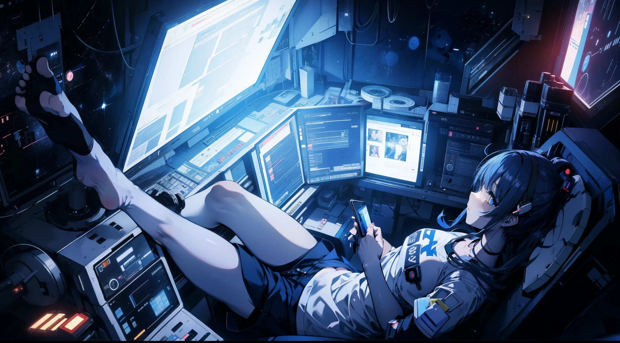 anime girl in shorts and t-shirt, in a spaceship with her barefeet up on the desk, in a spaceship cockpit, in a futuristic spaceship, girl in space, in a space station, sitting sad in spaceship, on a space station, high tech space ship interior, sitting at a control center, inside a spaceship