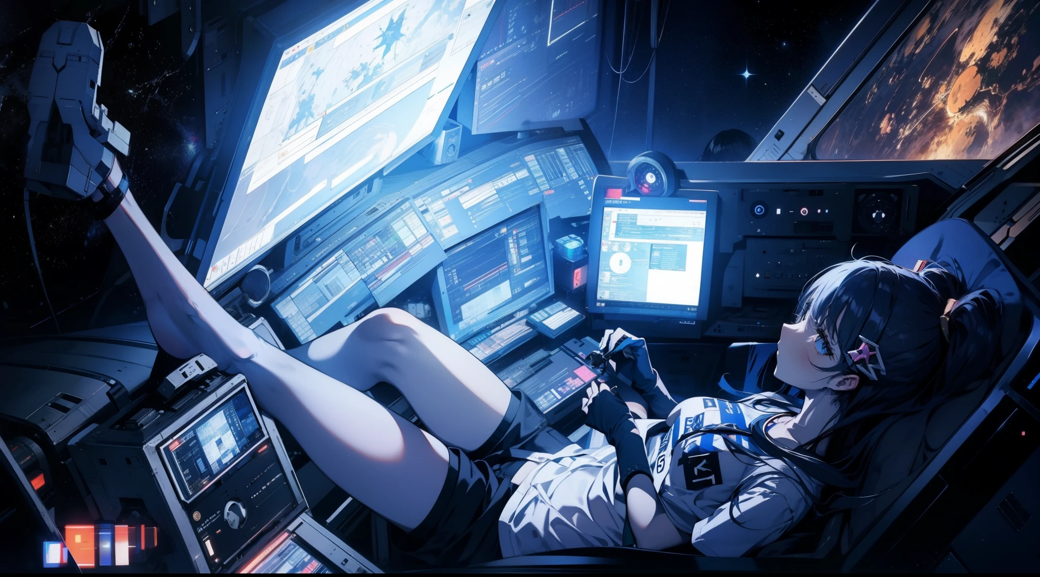 anime girl in shorts and t-shirt, in a spaceship with her barefeet up on the desk, in a spaceship cockpit, in a futuristic spaceship, girl in space, in a space station, sitting sad in spaceship, on a space station, high tech space ship interior, sitting at a control center, inside a spaceship