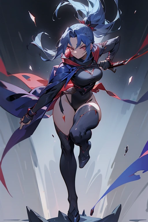 A mysterious female ninja in her early 20s.、Wear less revealing clothing、Wearing a dark blue cloak and hood、A very thick crimson scarf is tied loosely around his neck.、Cold expression、slender and tall、Weapon: 5 very thin steel wires、Anime style full body character image art