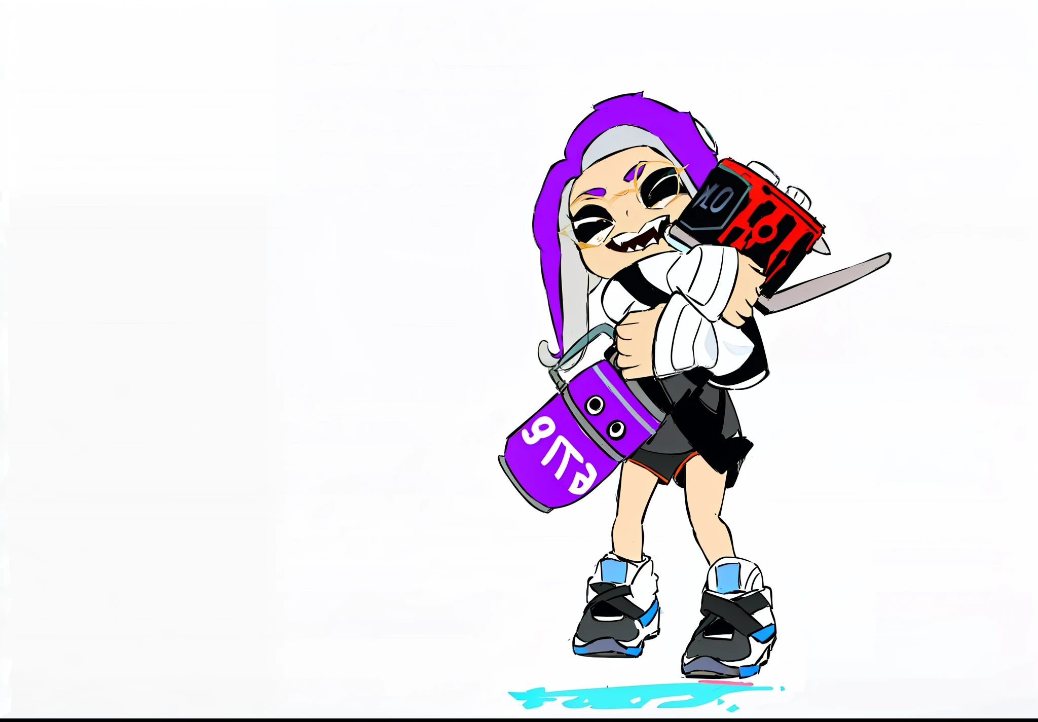 Cartoon of a woman with a skateboard and a microphone, with splatoon style, Chibi, badass pose, maple story gun girl, holding a pudica pose, sharp assassin, game art!!, nffsw, [ Digital Art ]!!, furraffinity!!!!, unknown artstyle, Splatoon 3, Advanced Digital Chibi Art, She has a sword