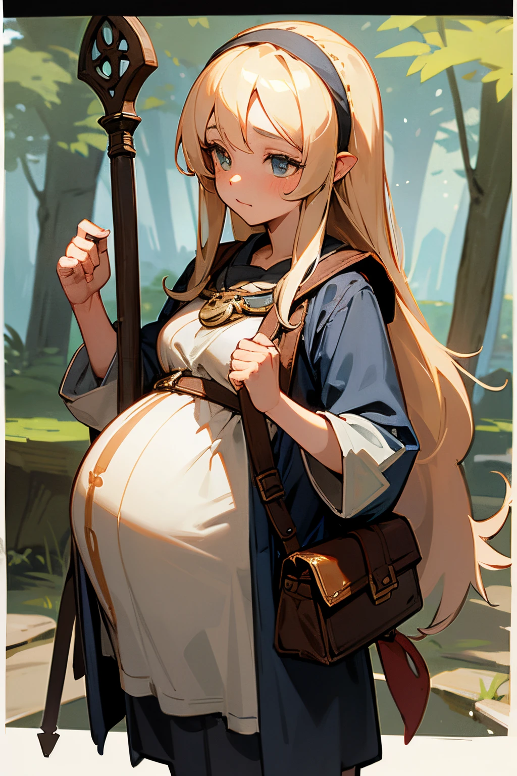 1 young girl, long grey hair, fantasy, adventurer, adventurer style, armored, swords, merchant bag, carryall, pouch, big pregnant, at trimester pregnancy, at forest, face at camera