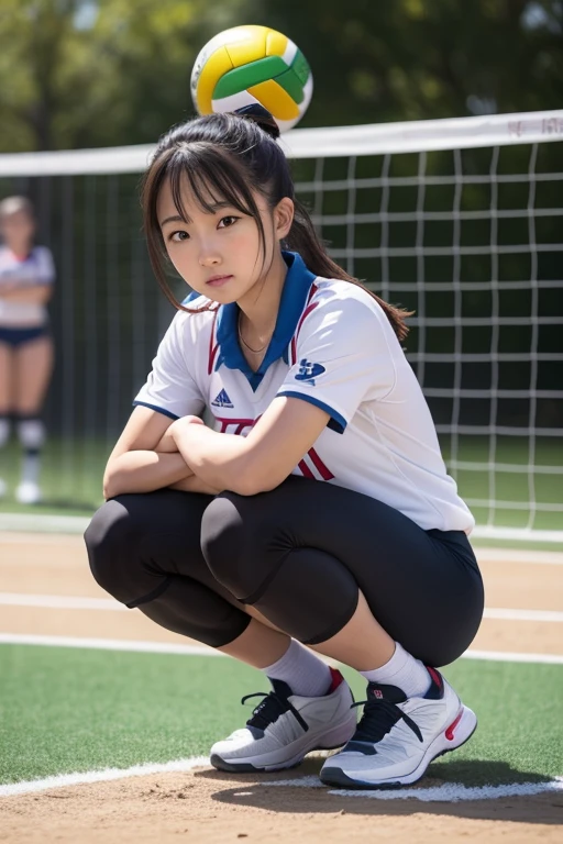 volleyball uniform women sweat squatting with long sport socks link arms behind shis back