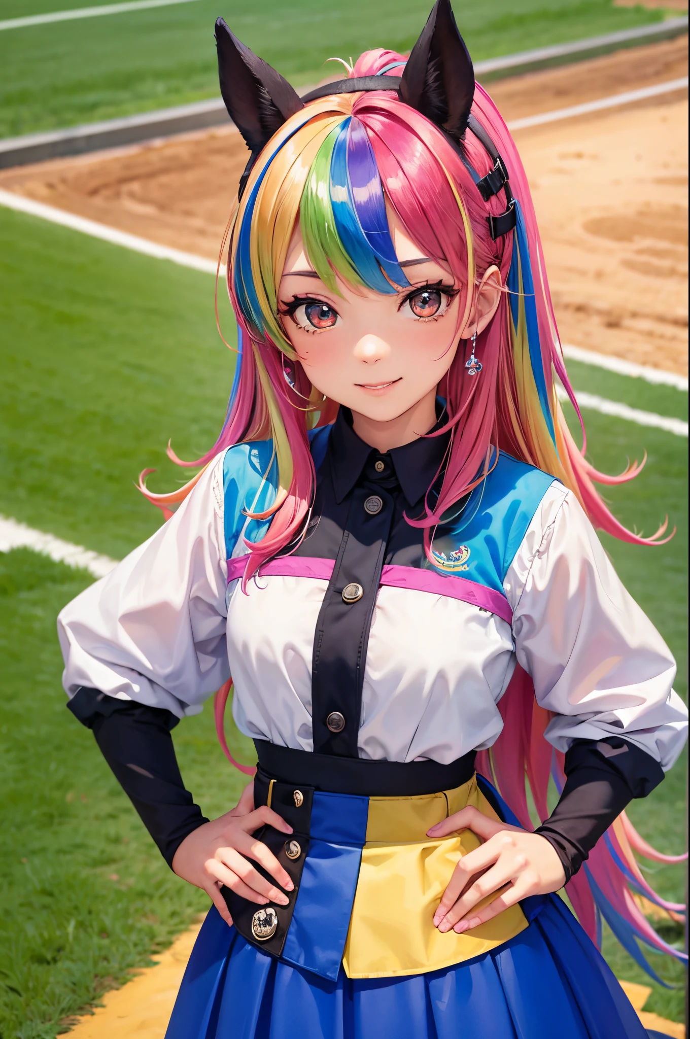 (obra-prima, melhor qualidade: 1.2),solo, horse girl, sorriso, olhando para o espectador, roupas esportivas, campo de futebol, diamond, multicolored hair, multicolored eyes