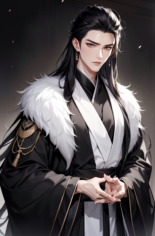 tmasterpiece, Huang Li, 1人, Alone, , Handsome, cabelos preto e longos, Black Hanfu，black mink collar，Green-eyed, dynamic angle, 动态照明, Carefully crafted, white skinned, refined, Handsome_male people,sacred message, ellegance, purity, Sympathy, looking at viewert,        s the perfect face, Perfect hands,