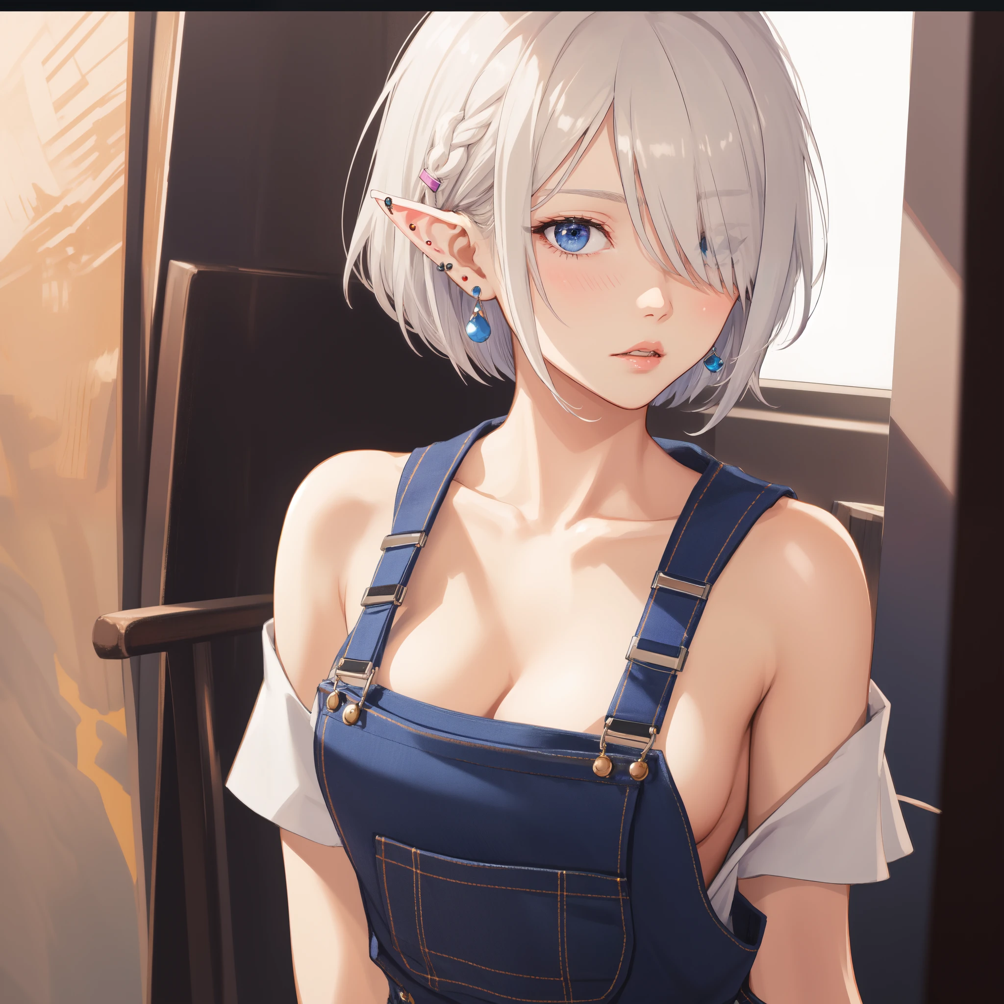 absurdres, [perfect shadows and lighting], detailed background, incredible high-key lighting, masterpiece, high quality, detailed, extremely detailed, ambient soft lighting, 4K, (elf:1.1), 1girl, bangs, bare shoulders, blush, border, breasts, cleavage, collarbone, Various accessories, (ear piercing), big breasts, letterboxed, lips, Bob cut hair, parted bangs,(hair over one eye), white hair, purple, looking at viewer, naked overalls, no bra, overalls, parted lips, blue eyes,  highlights, sideboob,  background, solo, upper body, white background, artstation by by Artgerm, by Kawacy, By Yusuke Murata