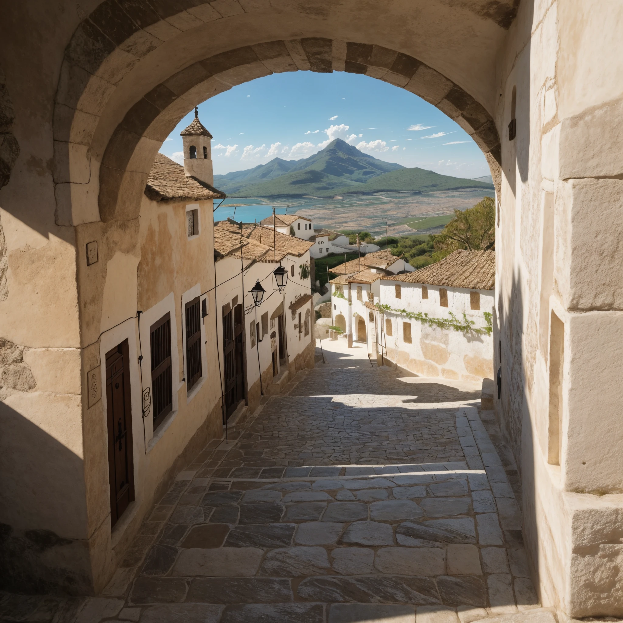 there is a white marble walkway, ladeira ingrime ao fundo, escadarias, montanha rochosa alta ao fundo, medieval villagers.