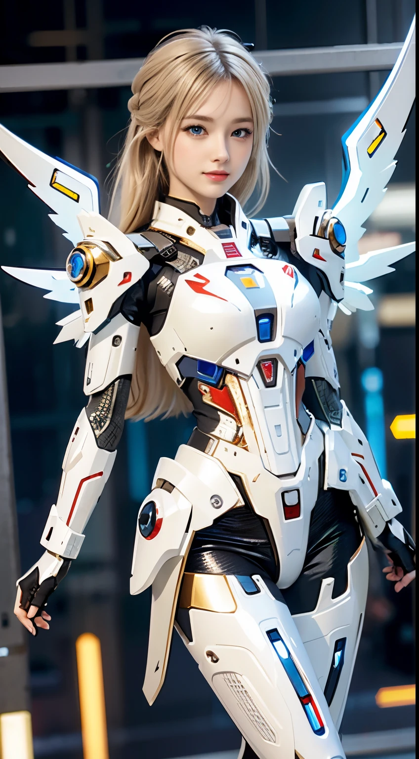 Android Girl&#39;a masterpiece of, (Best Quality), Highly detailed, Ultra-detailed, 1 android girl, (mechanical wings: Golden, Eyeliu of shining light, White Mecha: 1.2, ear: 0.8), (cyberpunkcity: 1.5, arma: energyblade), (Fantasy landscape: 1.2, Natural lighting: 1.5, Confident expression), (in a panoramic view: 1.2), White and red mechs, Blonde, Smile, Blue eyes, Angle, angelicales, Wings,