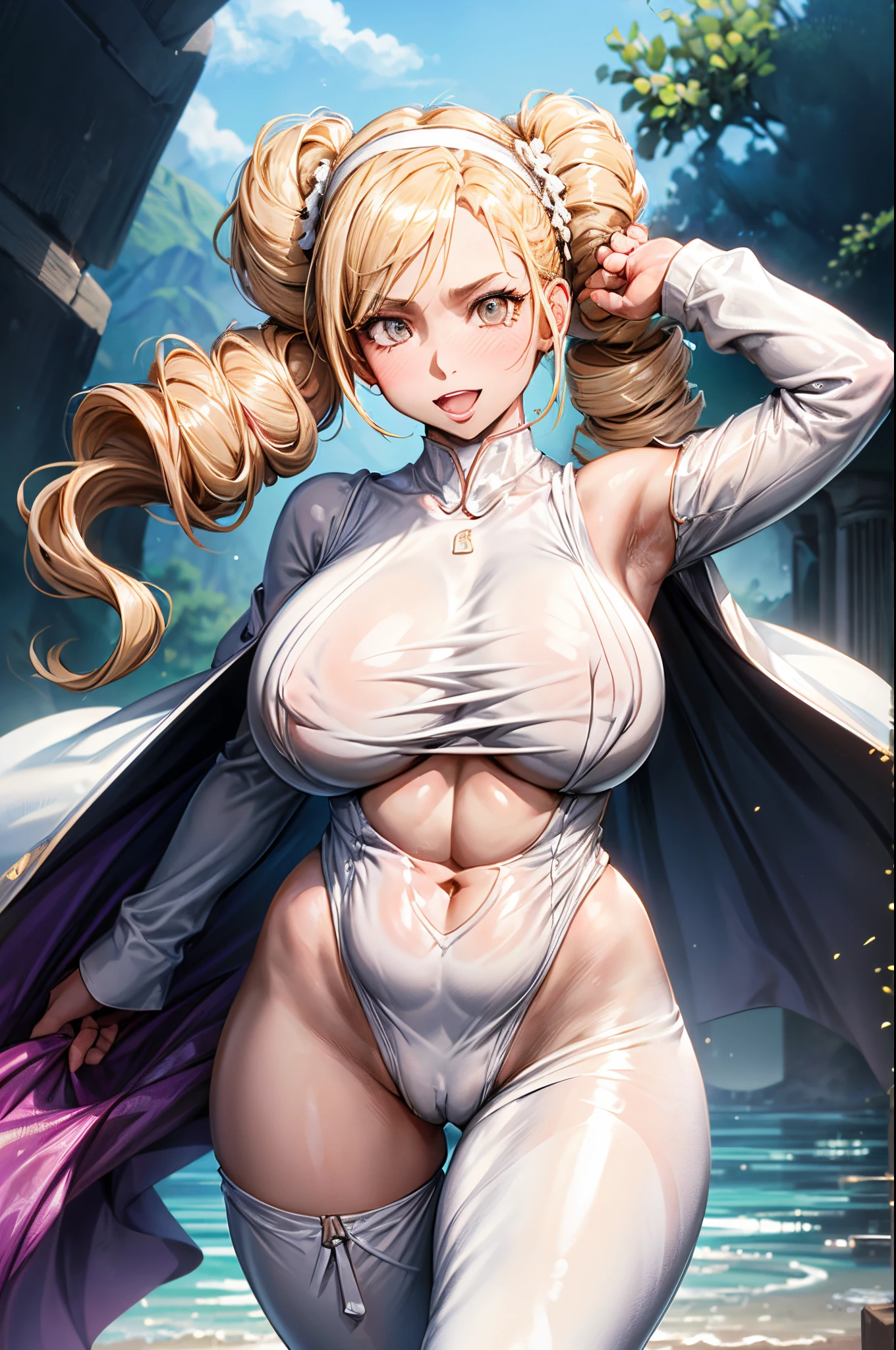Masterpiece, High Resolutions, Best quality, absurd, official, (bodycon, Microdress), Lets, (1girl:1.2), (only), Long hair, blonde hair, Hair drill, brown eyes, (headband ), white boots, (extremely wrinkled shiny clothing that reflects light:1.2), latex, Skin tightening, glowing skin, navel, Glamorous perfect female ratio, Captivating smile, blush, place,