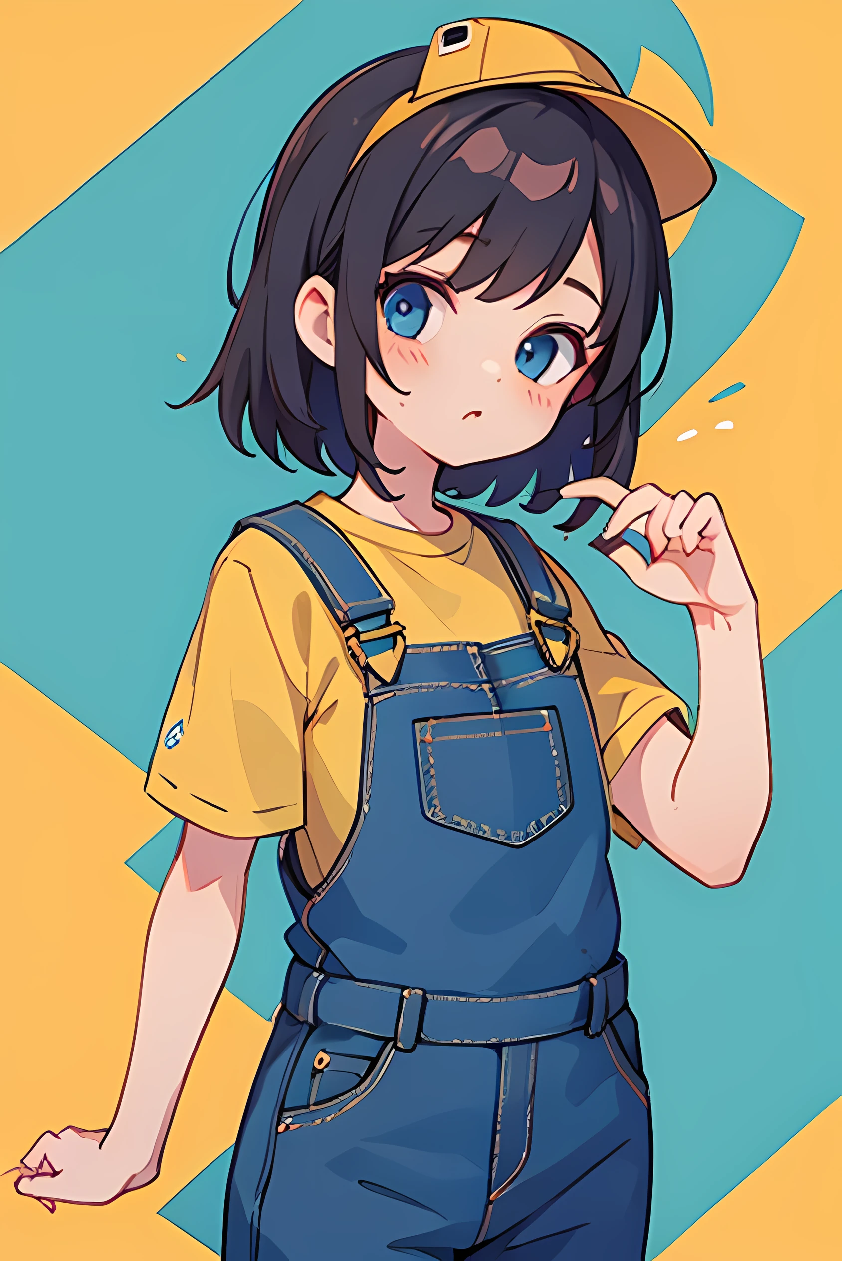 Wearing denim overalls，Wearing a little yellow hat on the head, blue eyes, dark hair
