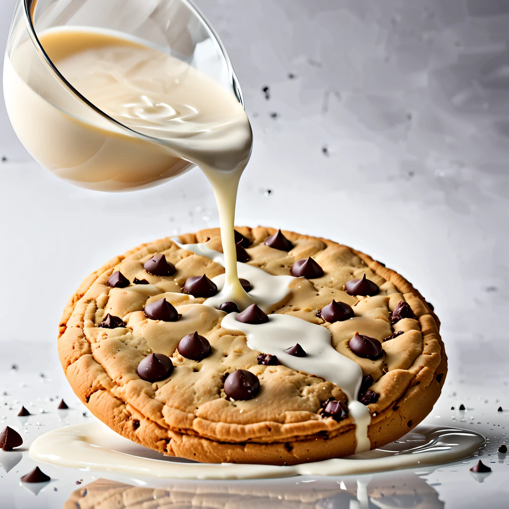 (minimalistic picture) of a single perfectly round big cookie with a milk splash, the cookie has a few small chocolate chips on its surface, the milk splash  in the shape of a droplet, keep the focus on the cookie and the milk splash, More Detail