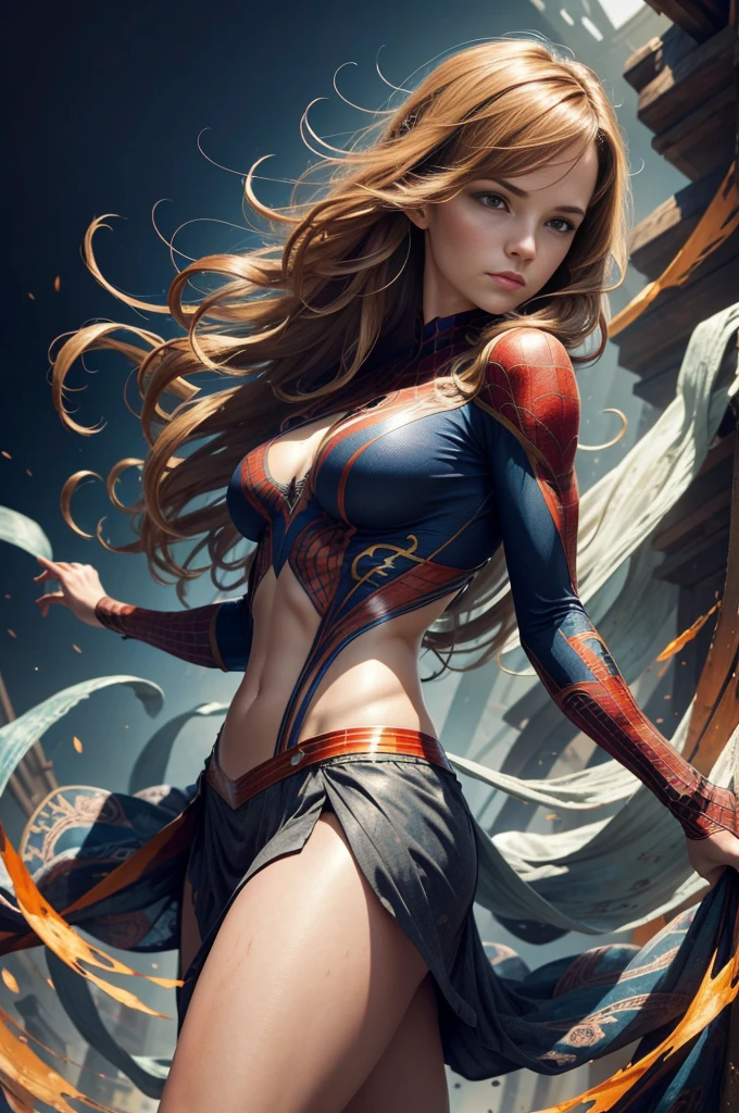 "Daniel Panabaker, showing her belly button, In New York, wearing a torn spiderman suit, Wearing a skirt, abstract photorealistic, artistic, Alphonse Mucha's painting masterpieces, Best Quality, High resolution:1.4), Detailed, Intricate details, 4K, color splashes, line-drawing, Fibonacci, hight resolution, Vibrant colors, With a fantasy background, Features a woman's flowing hair and dramatic rays of light.."
