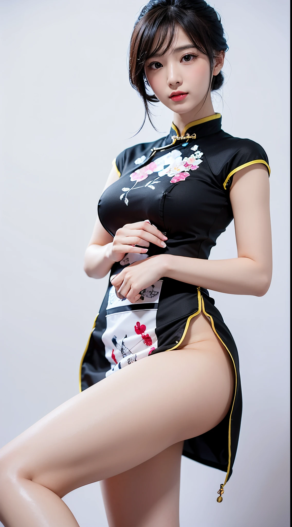 Black hair, Chinese girl, (short and tight qipao: 1.3), (huge breasts: 1.1), (white background: 1.5) 4k, high resolution, masterpiece, best quality (Hasselblad photography), finely detailed skin, clear focuovie lighting), night, soft lighting, [: (detailed face: 1.2): 0.2]