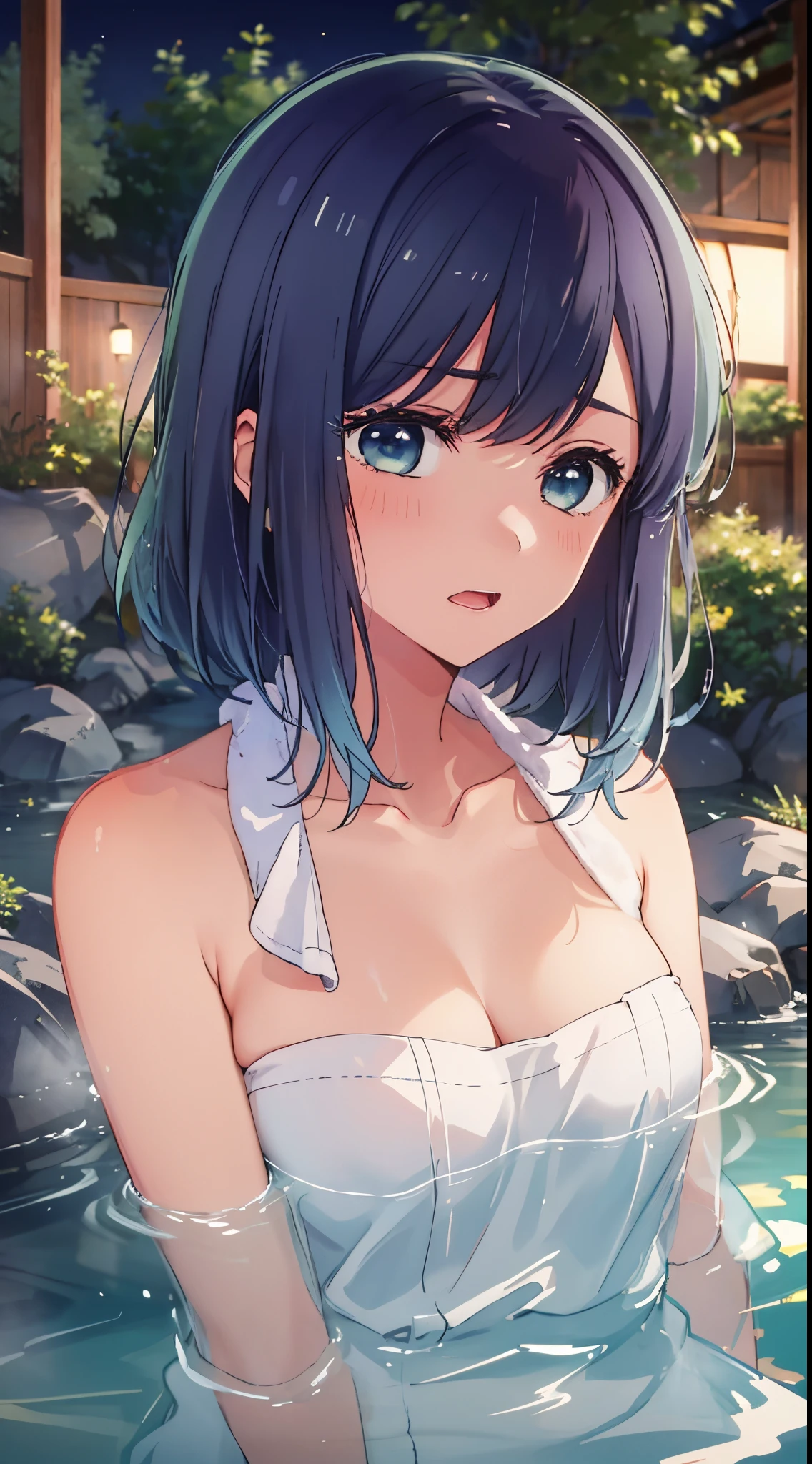 beautiful  lighting, 1girl in, 独奏, Akane,  (((anime styled)))、(((2D)))、be shy、(((hot onsen)))、(((a towel)))、(((a closeup)))、(((embarassed face)))、Facing the camera、Colossal tits、Open your mouth