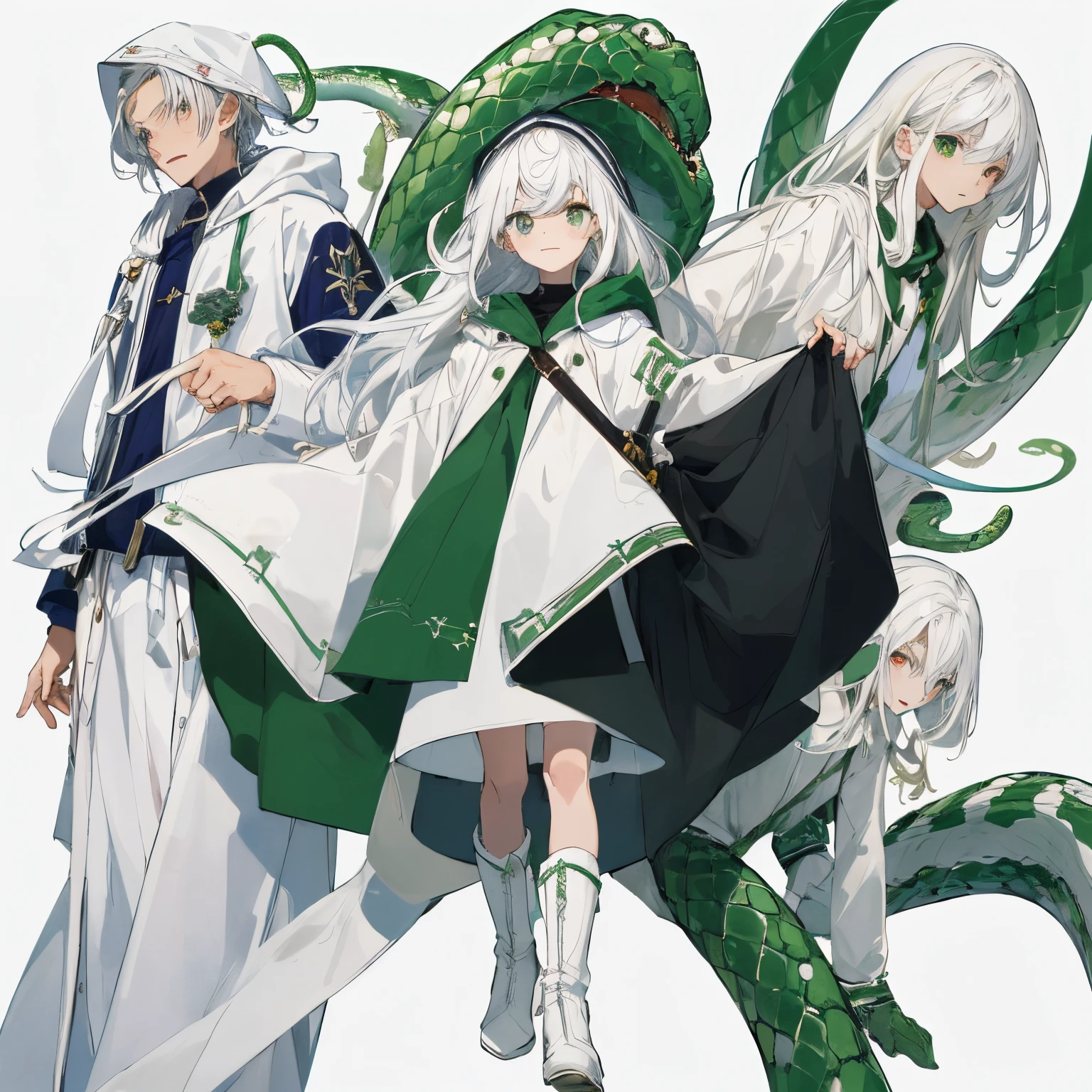 (​masterpiece、top-quality、hightquality)、soio、15 year old boy alone、Comes with a white hood、The long-haired、white  hair、standing on a white background、snake motif、Doctor Style、Laughed、long boots、verd s eyes、researcher、character designs、green and white、faces