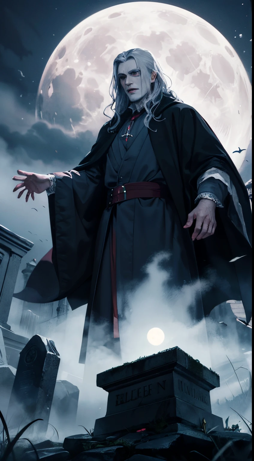"An oil painting of Prince Vlad rising out of a stone grave at night, reborn as a vampire after being killed. He  wearing regal black robes with a high vampire collar, the robes billowing dramatically. His skin  pale white, his eyes are red, and he has vampire fangs bared. His hands are talon-like with long nails. The full moon shines down on the graveyard scene. Vlad has an intense expression as he emerges transformed into Dracula. Mist swirls around the cemetery for dramatic atmosphere. Painted in a gothic realistic digital art style with great detail."