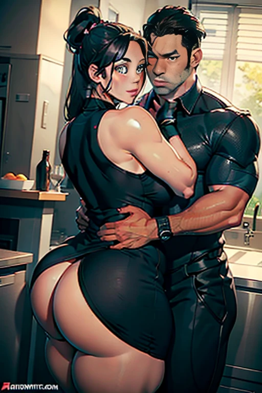 Best quality, mature woman, giant ass, thick muscular thighs, wide hips, very curvy, tanned skin, styled high ponytail, pear green eyes, full lips, seductive, she blushing a lot, she has a very shocked look, thigh high black dress, ribbon in hair, thick thighs, curvy physique, normal guy, they're hugging, guy grabbing squeezing groping her ass