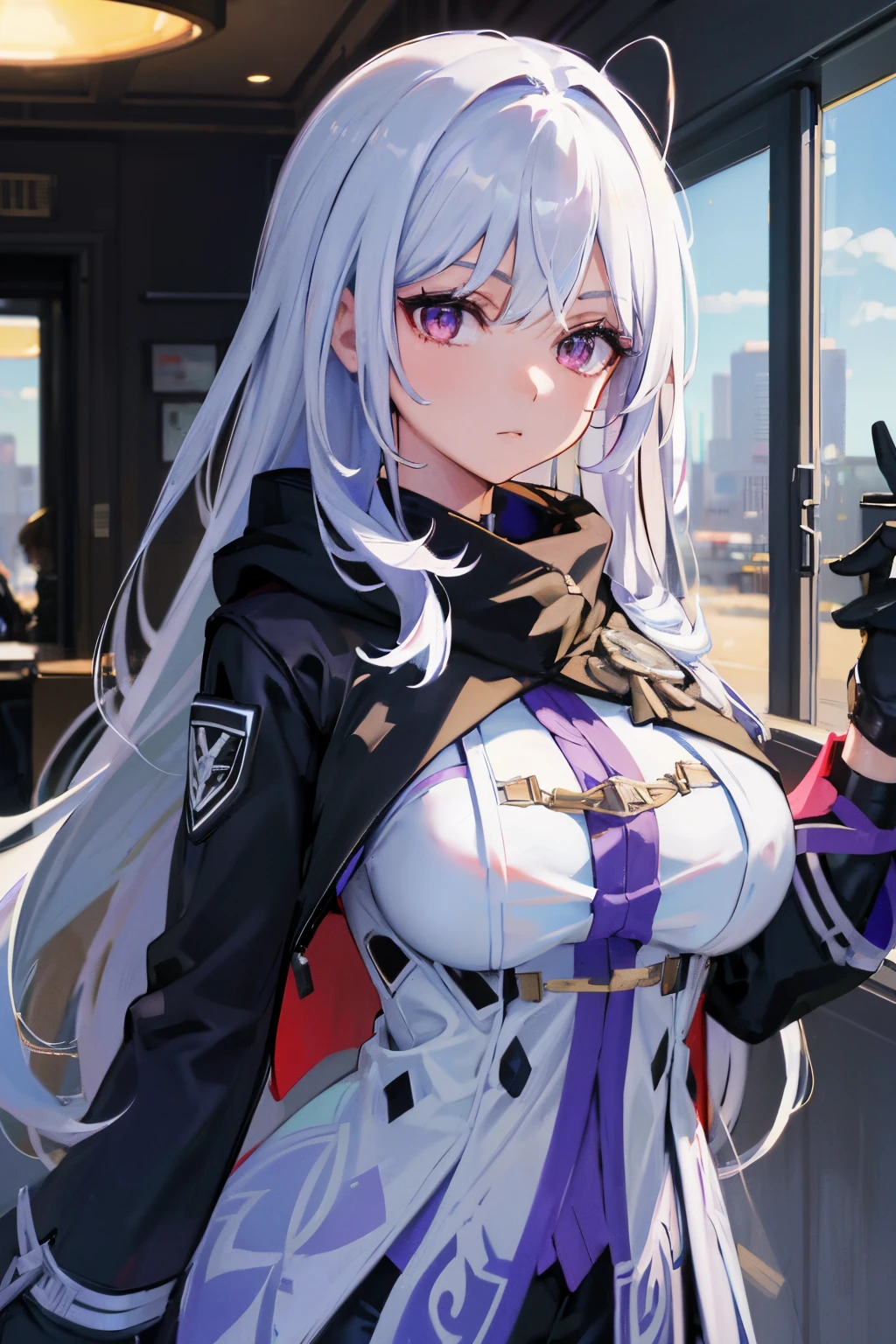 (masterpiece, best quality:1.2), illustration, 8k, hd, 1girl, solo, (((white hair, purple eye, black coat,))) large breasts, black pants, indoors, (skirk:0.5), tall, mature, elegant, black gloves, upper body, from front, long hair,