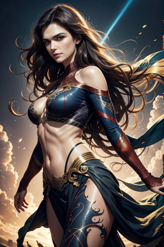 "Rachel Weisz, showing her belly button, In New York, wearing a torn spiderman suit, Wearing a skirt, abstract photorealistic, artistic, Alphonse Mucha'Masterpieces of painting, Best Quality, High resolution:1.4), Detailed, Intricate details, 4K, color splashes, line-drawing, Fibonacci, hight resolution, Vibrant colors, with fantasy background, Female features'Flowing hair and dramatic light rays.."