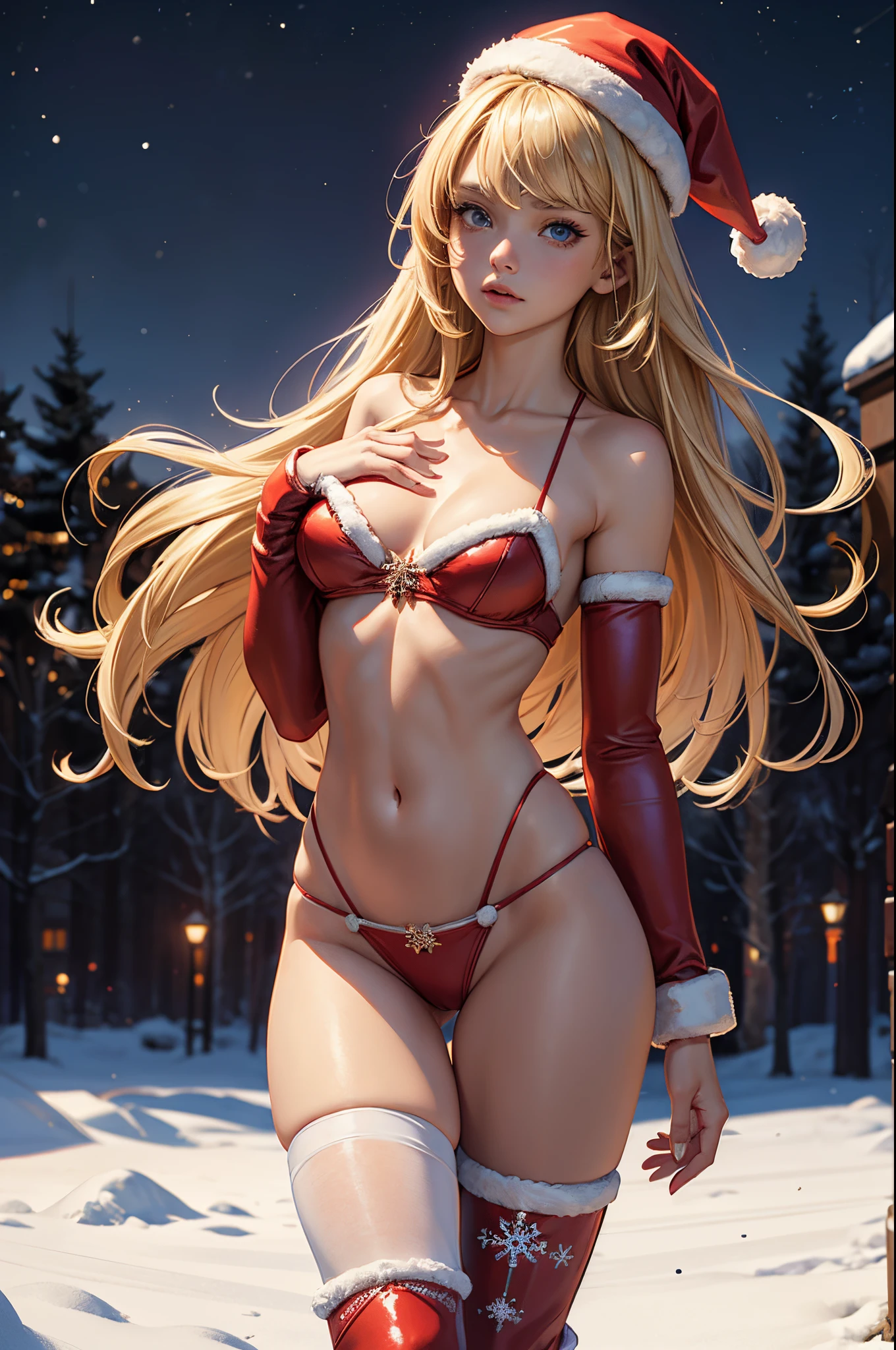 (masterpiece), (best quality), (detailed), light layer, 1solo girl, young girl, perfect body, blonde hair, defined chest, defined collarbone, ultra realistic, photorealistic, detailed, ,Enhance, wearing a santa suit with thigh high red boots and santa cap, outside, black of night, snowflake pattern, back view, looking over the shoulder