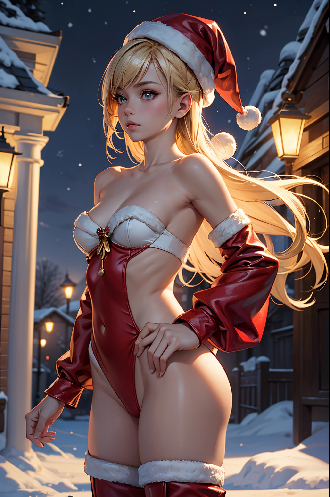 (masterpiece), (best quality), (detailed), light layer, 1solo girl, young girl, perfect body, blonde hair, defined chest, defined collarbone, ultra realistic, photorealistic, detailed, ,Enhance, wearing a santa suit with thigh high red boots and santa cap, outside, black of night, snowflake pattern, back view, looking over the shoulder