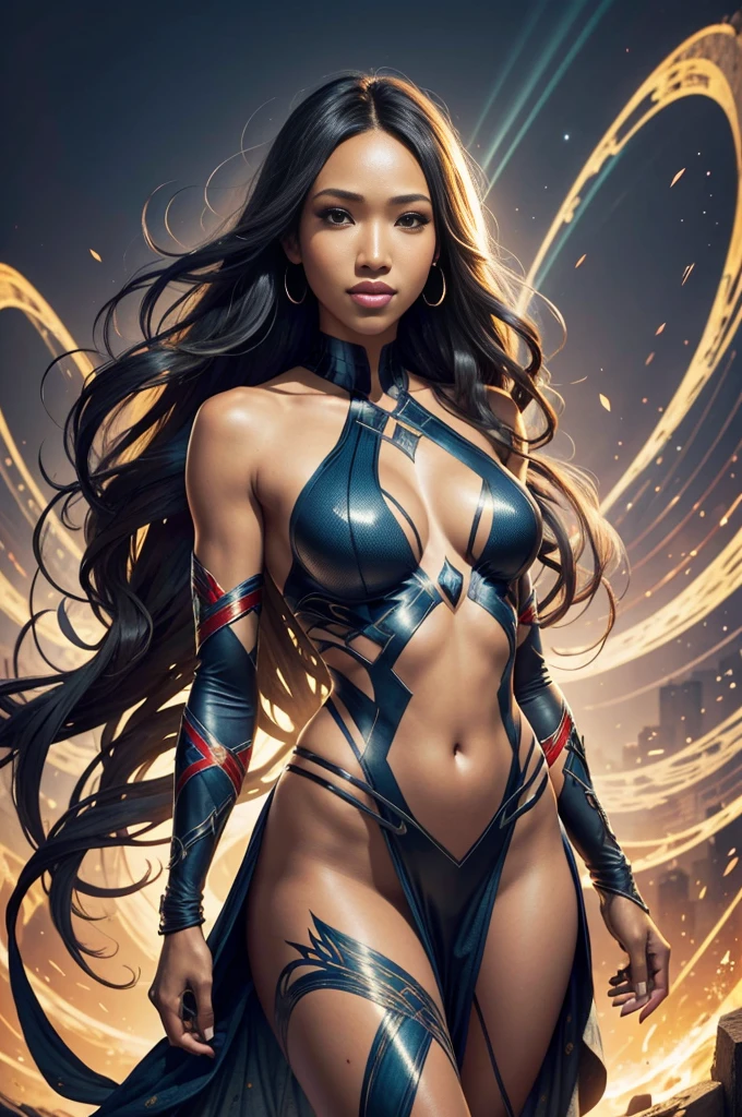 "Candice Patton, showing her belly button, In New York, wearing a torn spiderman suit, Wearing a skirt, abstract photorealistic, artistic, Alphonse Mucha&#39;Masterpieces of painting, Best Quality, High resolution:1.4), Detailed, Intricate details, 4K, color splashes, line-drawing, Fibonacci, hight resolution, Vibrant colors, with fantasy background, Female features&#39;Flowing hair and dramatic light rays.."