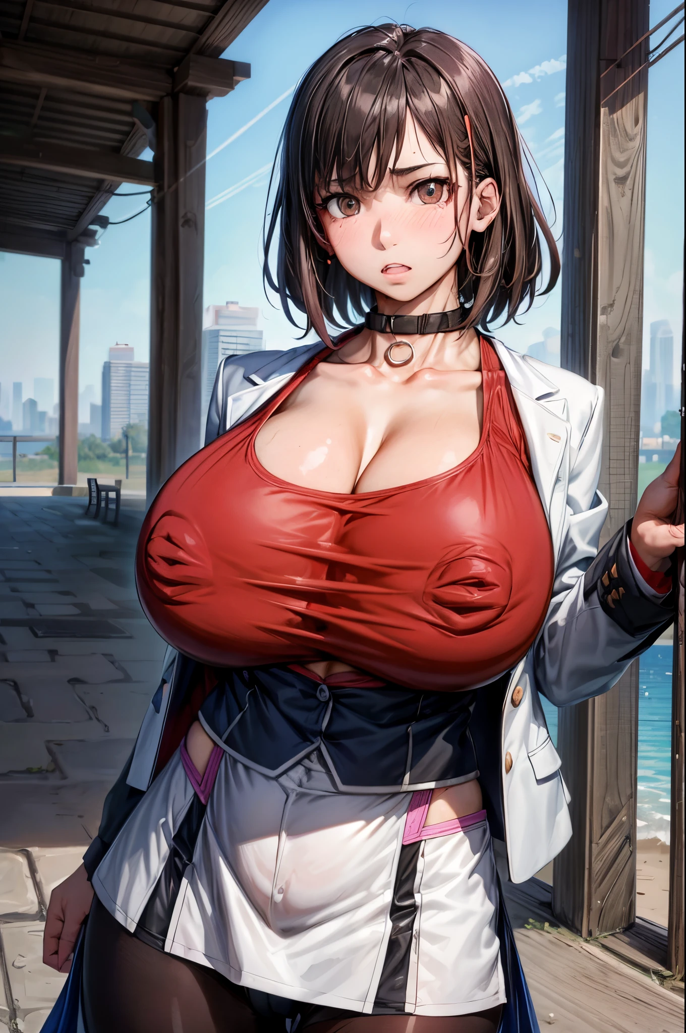 20 years girl、(masterpiece:1.4)、(in 8K、realisitic、Raw photo、top-quality:1.4)、(Real Face:1.4)、(real looking skin:1.3)、超A high resolution、A hyper-realistic、Brown eyes、high detailing、Cute face、black hair shorthair、Blazer School Uniform、(huge-breasted:1.5)、Blushing、Embarrassed look、In front of the station