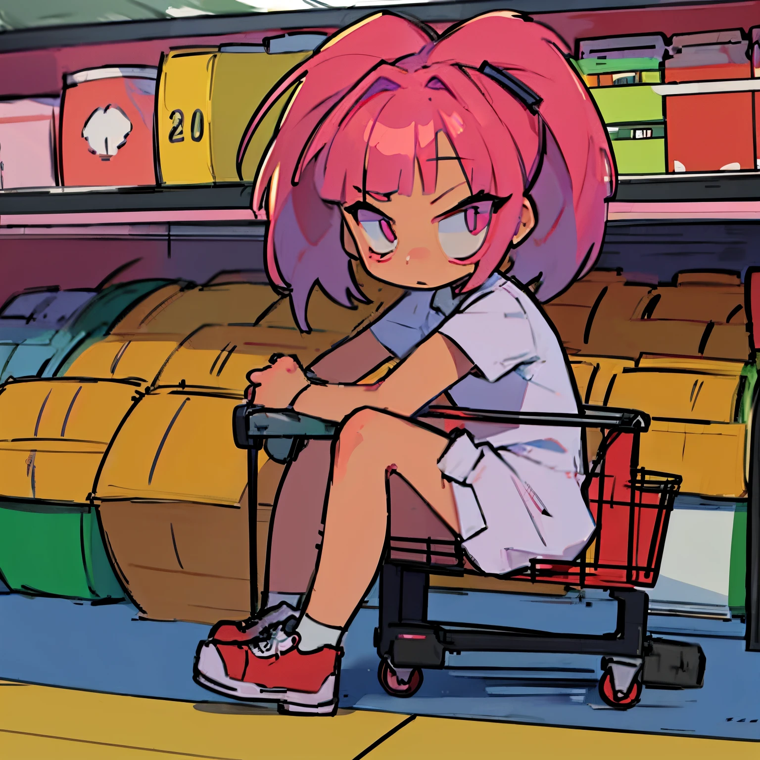 anime female short green hair and pink eyes dressed as a clown inside a shopping cart kart racing very confused looking at camera no background