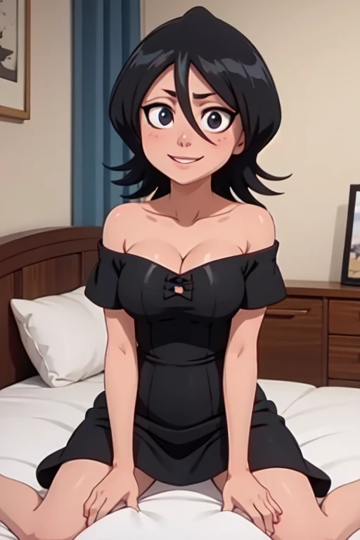 Strapless, being sexy, seductive, smile, Off-the-shoulder attire，looks into camera, sitting on a bed, pillows, short black dress，skin-tight dress, bedroom, Black color hair, cleavage，anime screencap