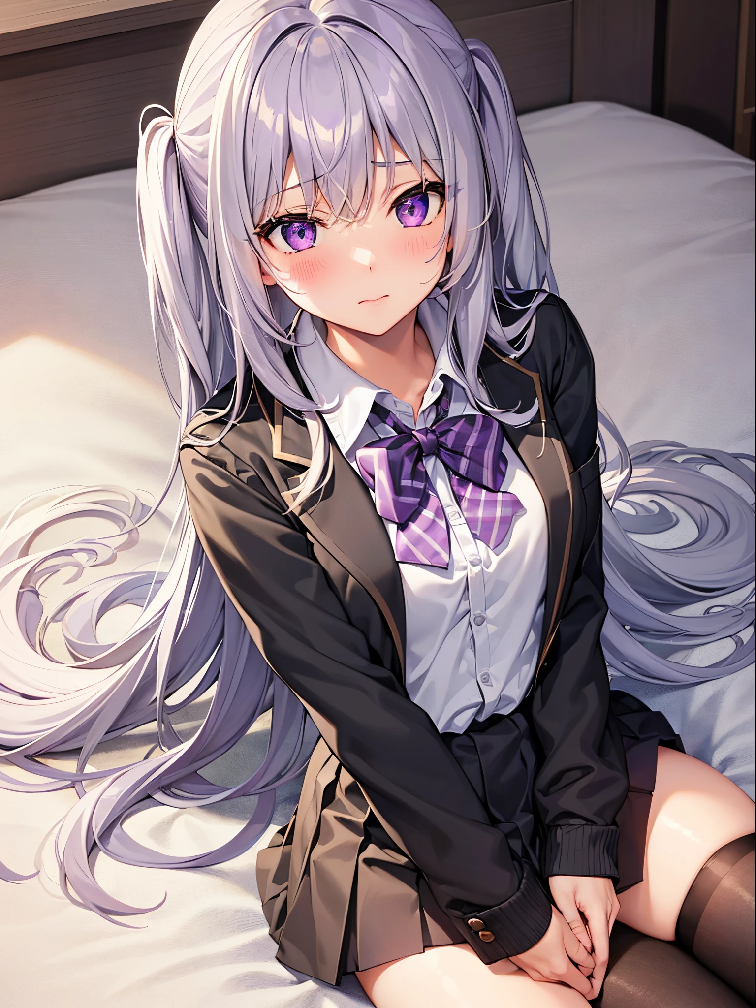 1girl , Silver medium hair, purple eyes, cute, blush, medium breasts⁩,high-school uniform, Black tights, Black underwear, I see underwear, sitting on, Open legs