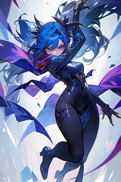 A mysterious female ninja in her late 20s.、Wear less revealing clothing、Wearing a dark blue cloak and hood、She wears a very thick crimson scarf loosely wrapped around her neck to hide her mouth.、Cold expression、slender and tall、Weapon: 5 very thin steel wires、Anime style full body character image art