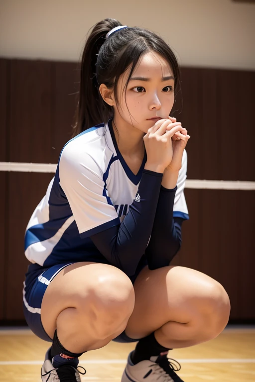 volleyball uniform women sweat and squatting with hands behind her back