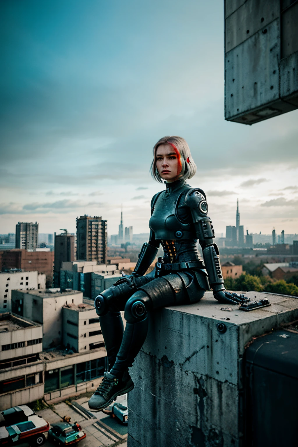 birds eye perspective, overlooking dystopian city, cyborg girl with doll sitting on edge of building, cyberpunk, ruins, grass, trees, broken cars, realism photography