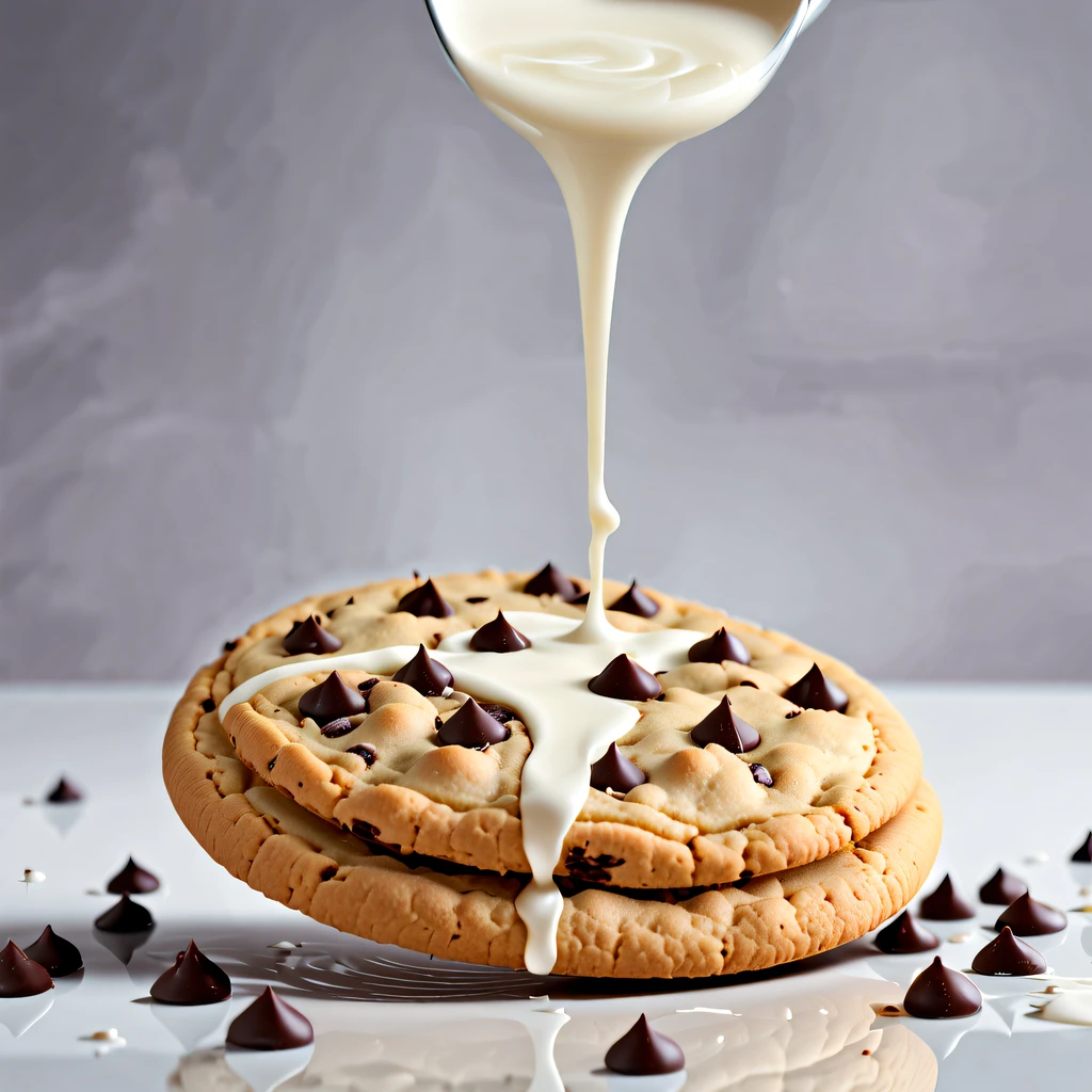 (minimalistic picture) of a single perfectly round big cookie with a milk splash, the cookie has a few small chocolate chips on its surface, the milk splash in the shape of a droplet, keep the focus on the cookie and the milk splash, More Detail
