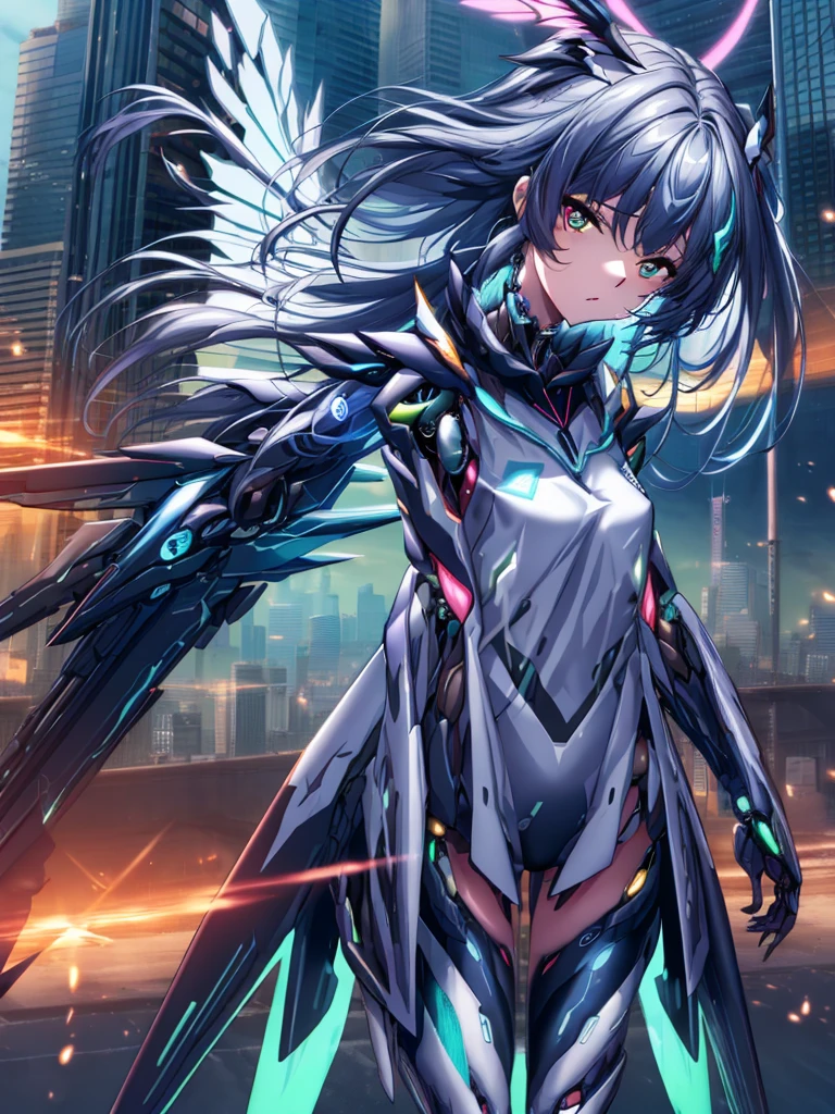 top-quality、ighly detailed、masterpiece、ultra-detailliert、illustratio、((1girl in))、silber hair、length hair、Floating hair、、Cyber City、Neon building、(The upper part of the body:1.05)、extremely_Detailed_Eyes_And_Face,cybernetic wings mechanical wings、Random posture、Skyscraper、、Mechumusume、shrine maiden clothe,maid clothes、Random angles、anime styled,cowboy shot