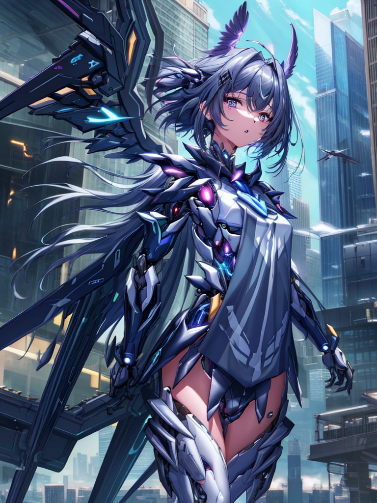 top-quality、ighly detailed、masterpiece、ultra-detailliert、illustratio、((1girl in))、silber hair、length hair、Floating hair、、Cyber City、Neon building、(The upper part of the body:1.05)、extremely_Detailed_Eyes_And_Face,cybernetic wings mechanical wings、Random posture、Skyscraper、、Mechumusume、shrine maiden clothe,maid clothes、Random angles、anime styled,cowboy shot