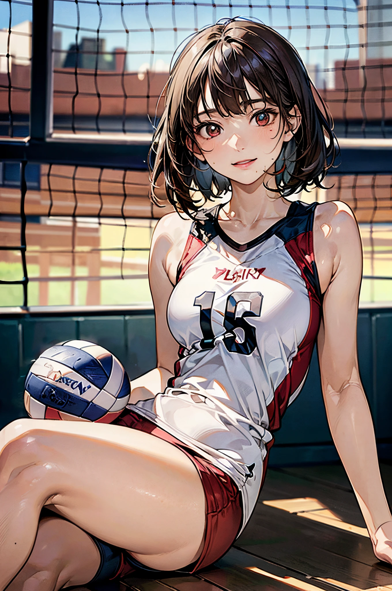 ((((perfect anatomy, anatomically correct, super detailed skin)))), 1 girl, japanese, , volleyball player, shiny skin, watching the view, 
beautiful hair, beautiful face, beautiful detailed eyes, brown eyes, (short hair:1.2, bob cut:1.2), babyface, monder eye, 
beautiful collarbones, beautiful body, Beautiful breasts, beautiful thighs, beautiful legs, large breasts:0.5, seductive thighs, cameltoe, bare arms, bare hands, bottmless, 
((symmetrical clothinetallic, sleeveless, red volleyball uniform, red buruma)), 
smile, sitting floor, ((((m leg, spread legeautiful scenery), morning, ((inside volley ball field)), 
(8k, top-quality, masterpiece​:1.2, extremely detailed), (realistic, photorealistic), beautiful illustration, natural lighting,