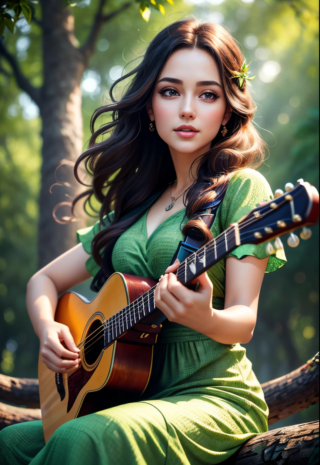 (best quality,4k,highres:1.2),ultra-detailed,realistic,beautiful detailed eyes,beautiful detailed lips,extremely detailed eyes and face,longeyelashes,1woman,woman sitting on tree trunk with playing a guitar,autumnal,falling leaf,Cinematic light and shadow,k hd,photorealistic:vibrant colors:1.1,vivid foliage:1.1,natural backlighting:1.1,serene expression,soft warm sunlight,joyful atmosphere,lush greenery,melodic voice,microphone in hand,flowing green dress,loose flowing hair,musical notes floating in air,microphone stand,enhanced contrast:1.1,dynamic pose,subtle bokeh:1.1