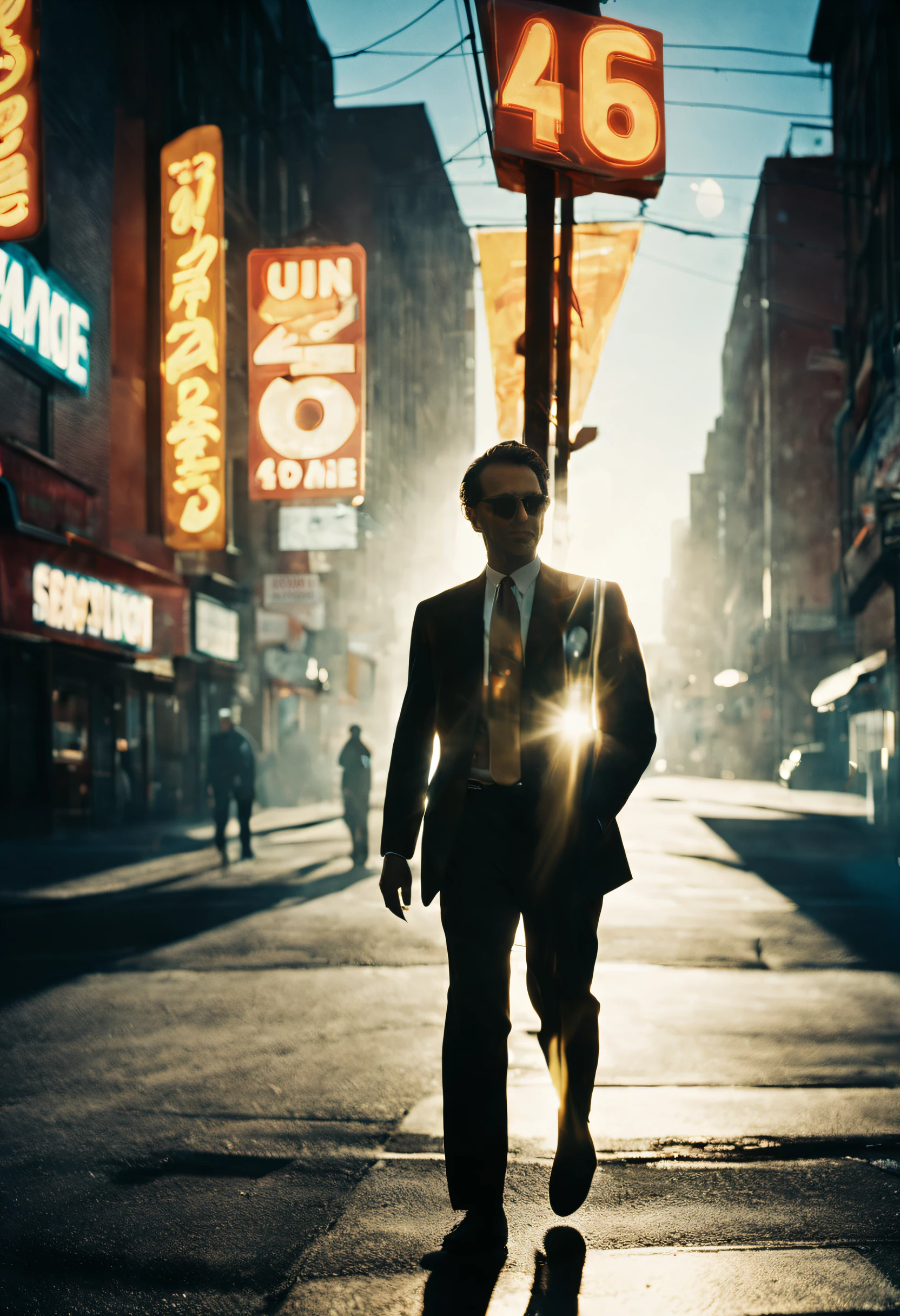 A double-exposure photograph of a man in a suit walking along and a street with neon signs, (sunny 4pm: 1.3), cinematic lighting, (double exposed: 1.3), camera flash light, Shutter drag, Motion blur, Lens flare, (Graflex speed graphic: 1.4), street photography, film grain, black and white, Bruce Gilden style