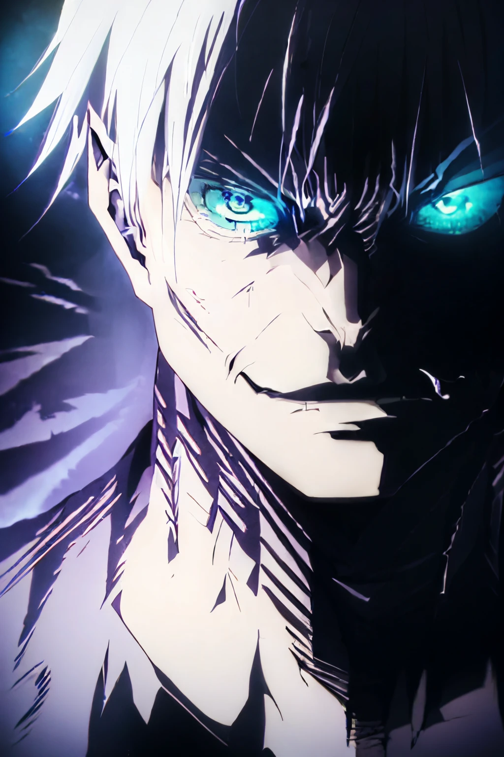 Anime humanoid monster, character design,wearing a futuristic mouth mask, serious face,boy,maniac,deranged look,messy unkept hair,hair covering right eye, vibrant eye color,red and blue eyes,(white hair), close up shot, creating a crack in reality, powerful aura, destroyed city, very dark,night,8k,64k, HD, unparalleled masterpiece, dynamic lighting, cinematic, epic Highest quality digital art, Stunning art, wallpaper 4k