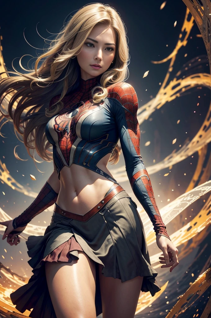 "Emily VanCamp, showing her belly button, In New York, wearing a torn spiderman suit, Wearing a skirt, abstract photorealistic, artistic, Alphonse Mucha'Masterpieces of painting, Best Quality, High resolution:1.4), Detailed, Intricate details, 4K, color splashes, line-drawing, Fibonacci, hight resolution, Vibrant colors, with fantasy background, Female features'Flowing hair and dramatic light rays.."