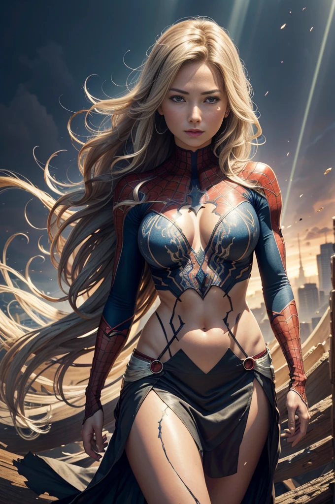 "Emily VanCamp, showing her belly button, In New York, wearing a torn spiderman suit, Wearing a skirt, abstract photorealistic, artistic, Alphonse Mucha&#39;Masterpieces of painting, Best Quality, High resolution:1.4), Detailed, Intricate details, 4K, color splashes, line-drawing, Fibonacci, hight resolution, Vibrant colors, with fantasy background, Female features&#39;Flowing hair and dramatic light rays.."